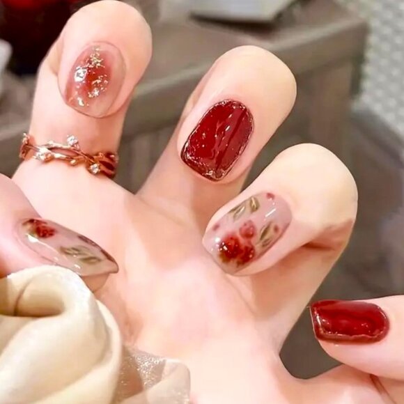 24 Red Floral Nails Press On Kit Glossy Style  Manicure Sexy Glam Gold Reusable - Picture 1 of 5